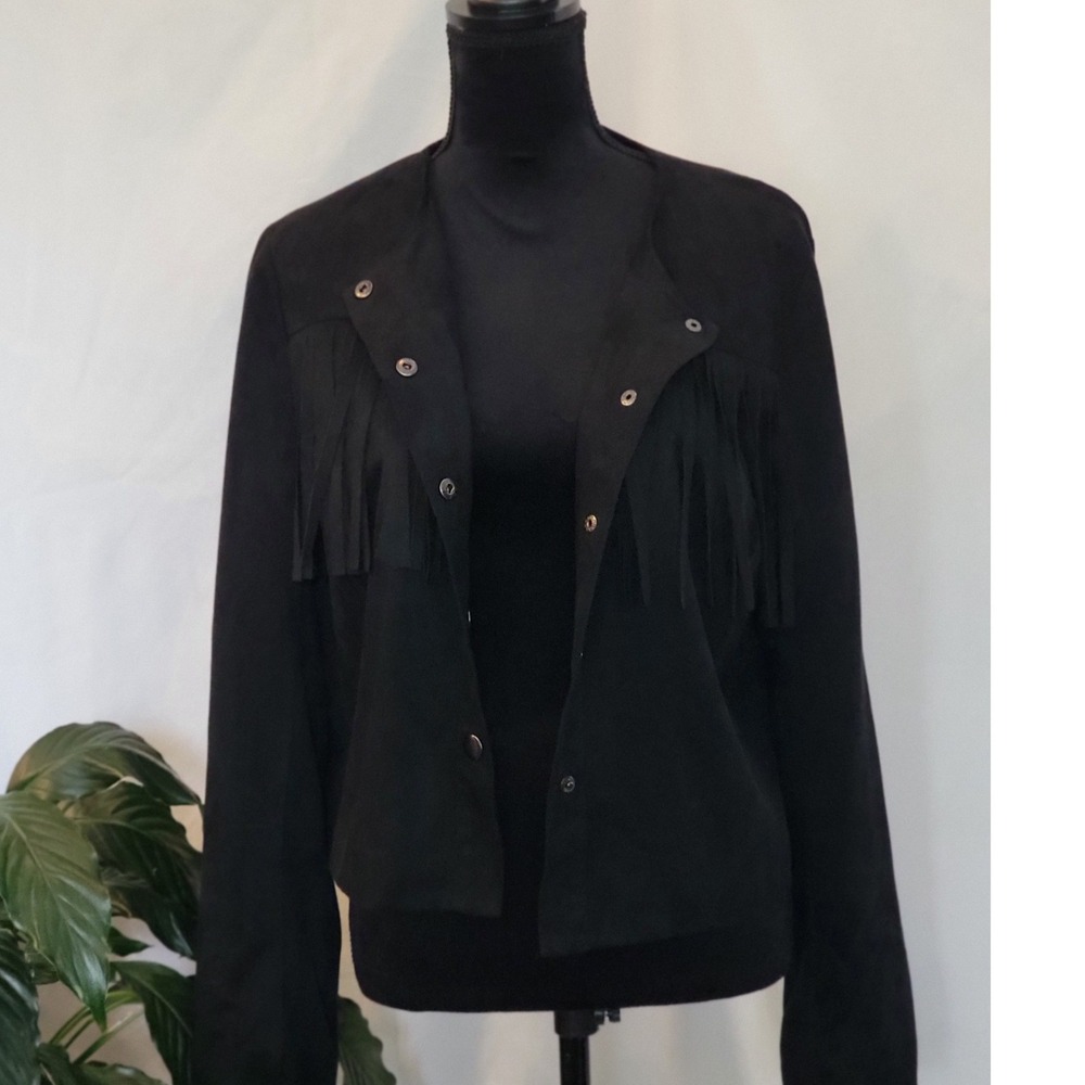 WD‎ NY Womens Black Faux Suede Fringe Western Snap Front Jacket Large